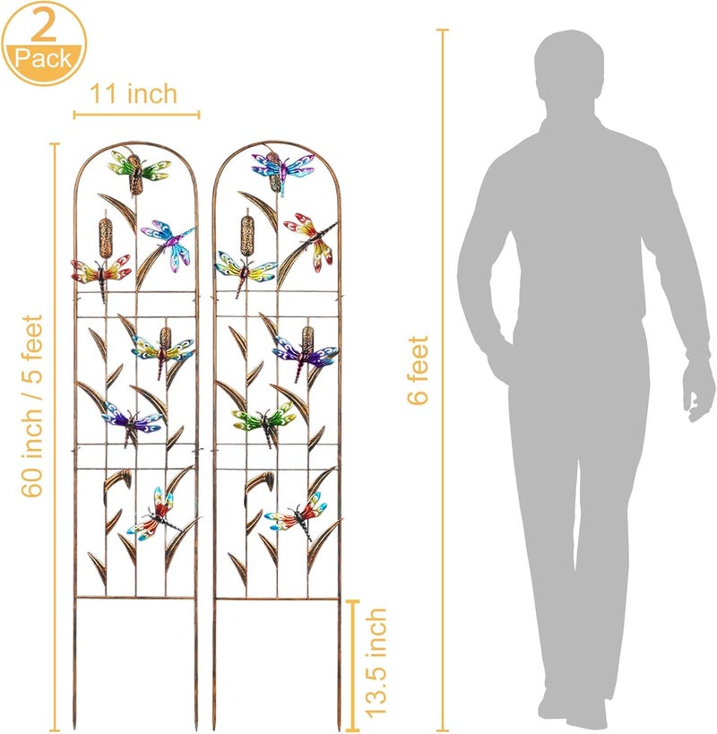 LEWIS&WAYNE 2 Pack Metal Garden Trellis with Colorful Dragonfly 60 Inch High Outdoor Decoration Arched Fence Trellis for Climbing Plants for Patio, Lawn, Yard, Backyard, Wall Brackets - Image 2